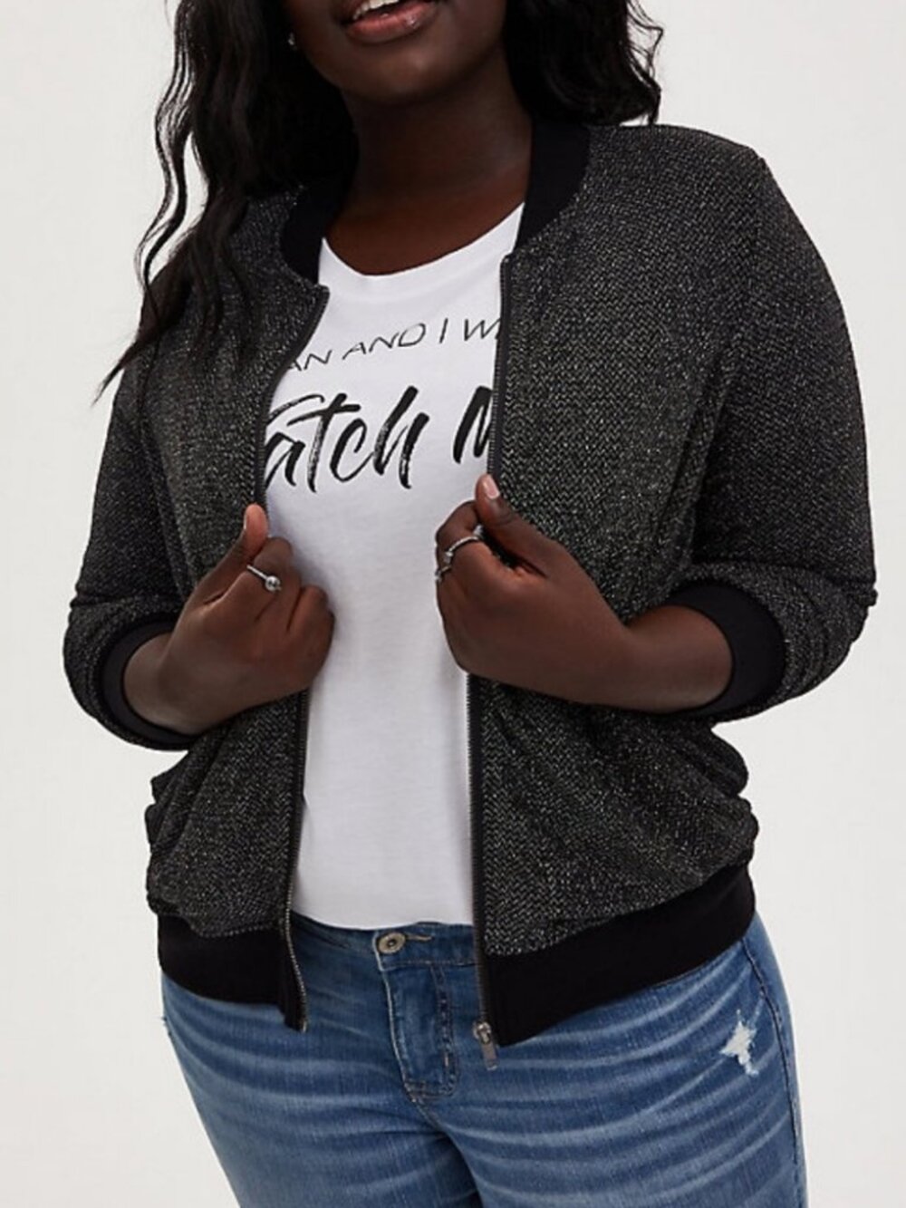 Torrid Black Metallic Shimmer Knit Full-Zip Bomber Jacket - Size 6 / 6X